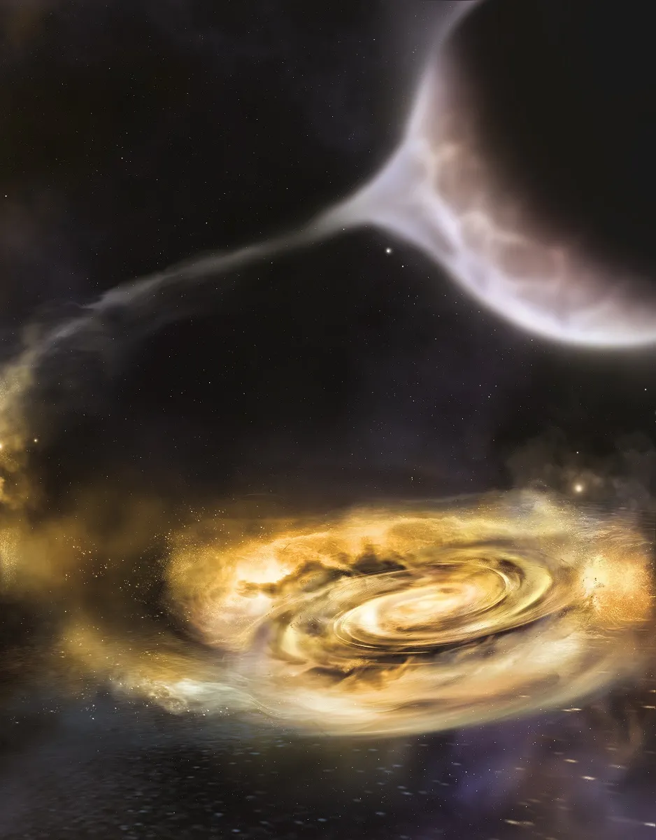 Wizja artystyczna silnego wiatru zaburzającego zewnętrzne obszary dysku z materii otaczającej czarną dziurę. Materia dysku (kolor żółty) jest najpierw wyciągana z zewnętrznych warstw pobliskiej gwiazdy (u góry, po prawej stronie). Czarna dziura o masie gwiazdowej znajduje się w centrum dysku o rozmiarach 5 mln km. Pochłania ona materię wtedy i tylko wtedy gdy dociera ona do centralnych części dysku, o rozmiarach ok. 30 km. (źródło: NASA/Swift/A. Simmonet , Sonoma State University)