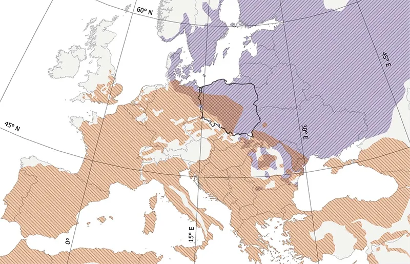 Zasięg obszarów lęgowych słowika rdzawego (pomarańczowy) i słowika szarego (fioletowy) w Europie. Dane: BirdLife International (2017). (Źródło: Reif et al. 2018, https://doi.org/10.1111/1365-2656.12808)