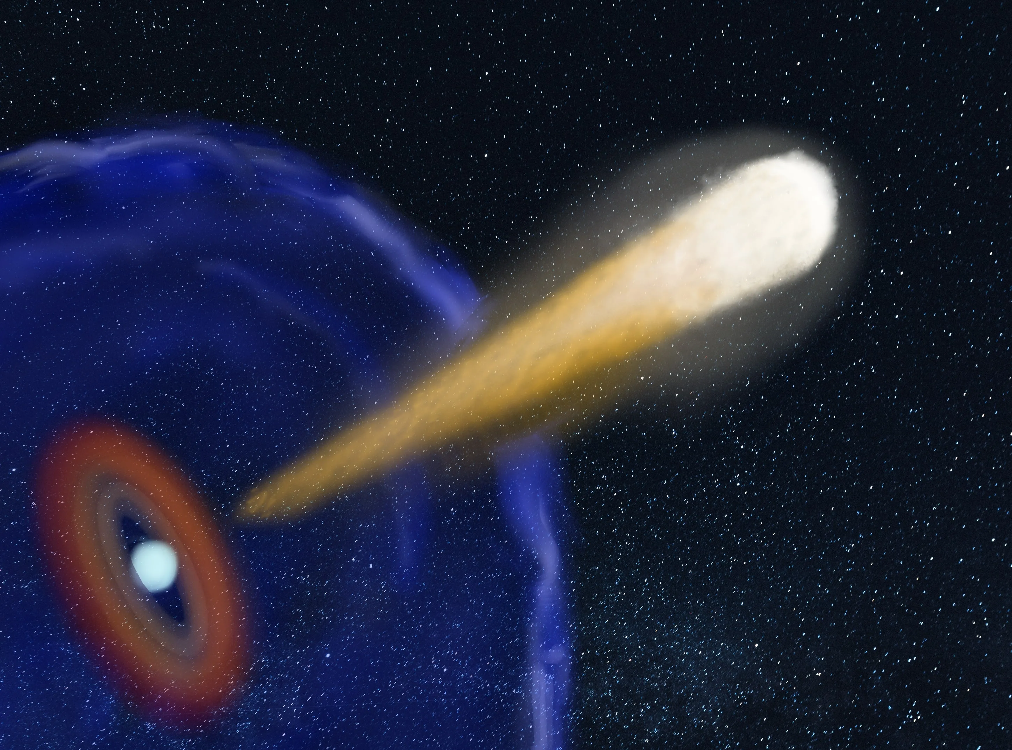 Artist's impression of the jet of material launched after the merger of the two neutron stars (Katharina Immer, JIVE)