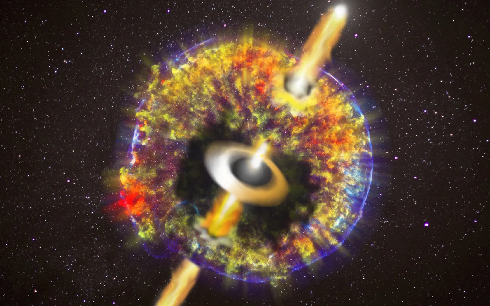 Artist's impression of a jet breaking through material released by a neutron star merger. (NASA/CXC/GSFC/B.Williams et al.)