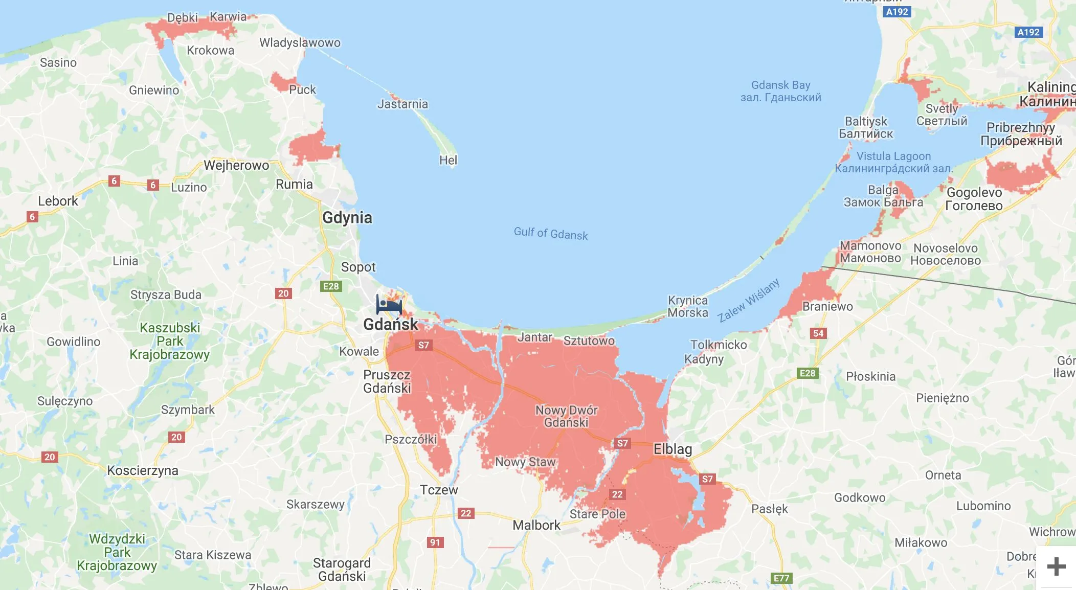 Mapki pokazują obszary polskiego wybrzeża, które będą zalewane przynajmniej raz do roku przez morze w wyniku wzrostu jego poziomu do roku 2050 i w późniejszych dekadach. Fale mogą wdzierać się głęboko w okolicach Gdańska, Szczecina czy Elbląga, a kilka jezior będzie stawać się okresowo zatokami.