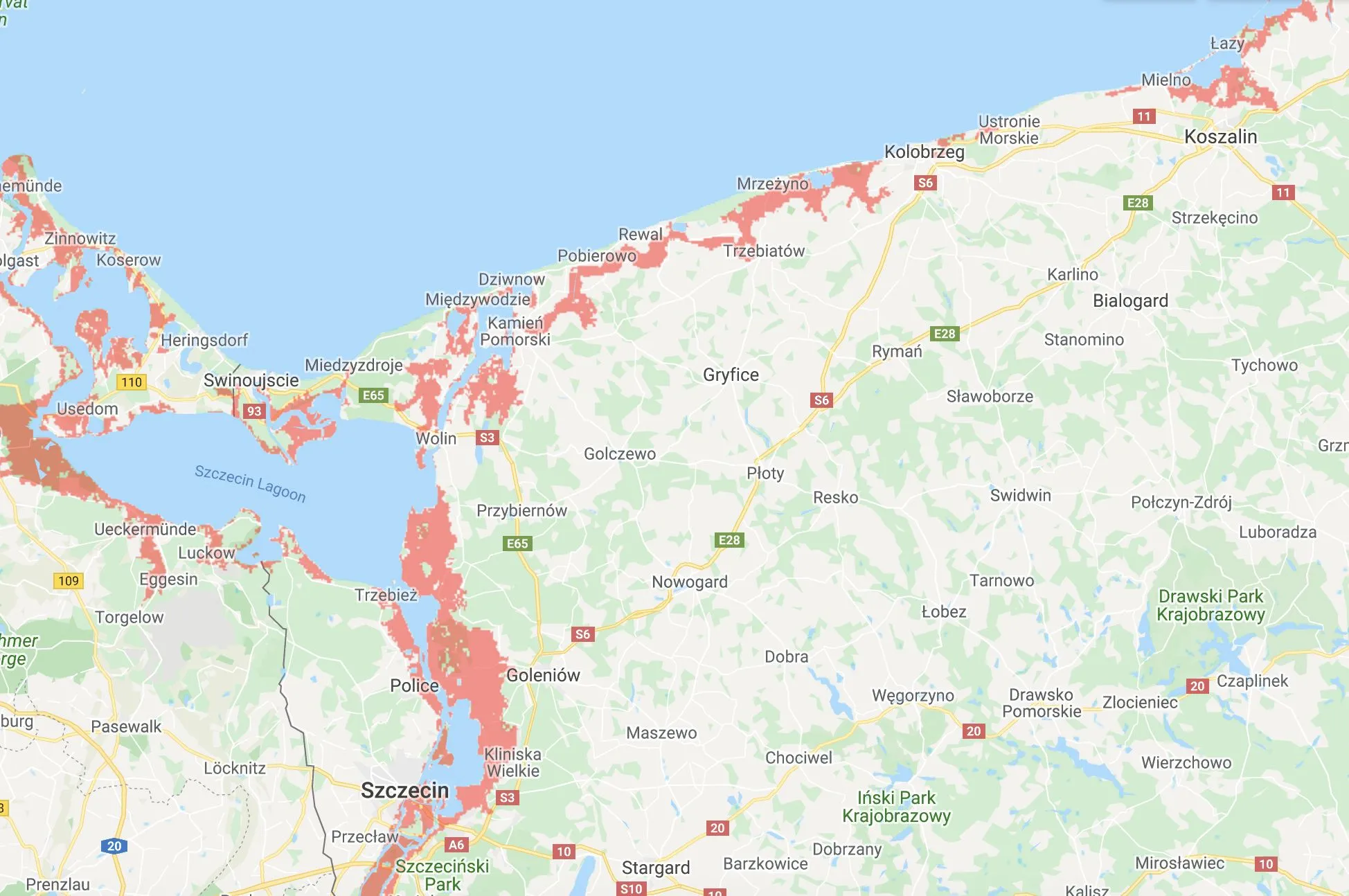 Mapki pokazują obszary polskiego wybrzeża, które będą zalewane przynajmniej raz do roku przez morze w wyniku wzrostu jego poziomu do roku 2050 i w późniejszych dekadach. Fale mogą wdzierać się głęboko w okolicach Gdańska, Szczecina czy Elbląga, a kilka jezior będzie stawać się okresowo zatokami.