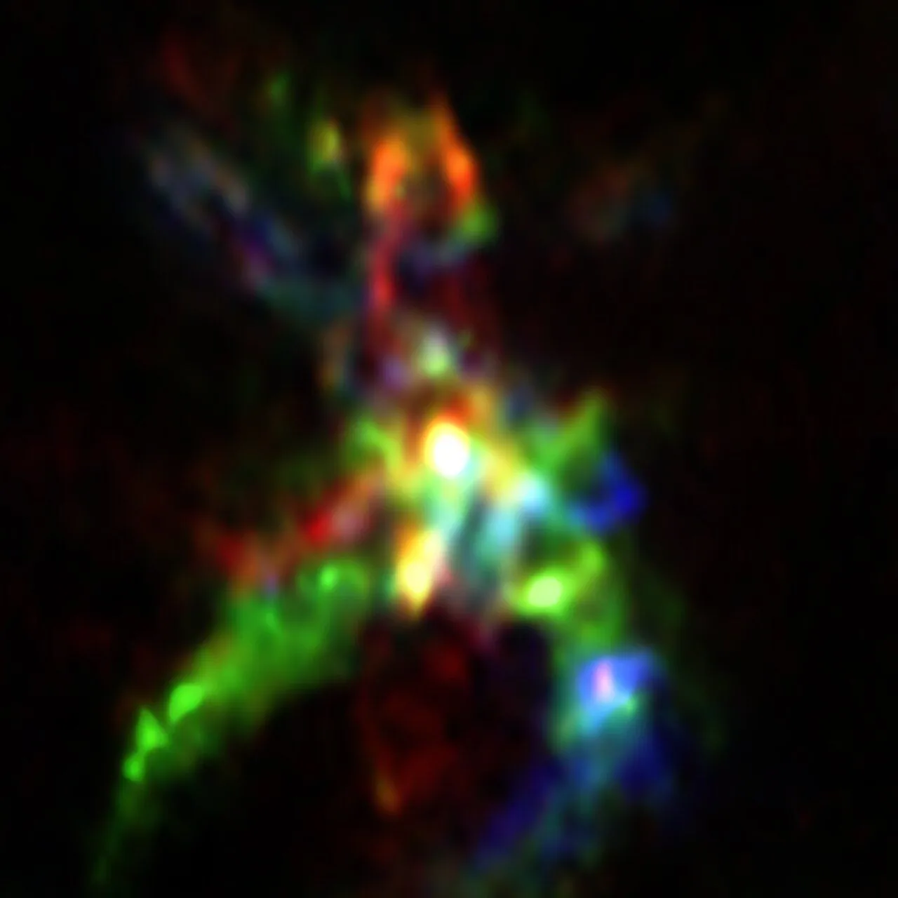 Obraz z sieci radioteleskopów ALMA prezentuje obszar gwiazdotwórczy AFGL 5142. W centrum widać niemowlęcą, jasną, masywną gwiazdę. Źródło: ALMA (ESO/NAOJ/NRAO), Rivilla et al.