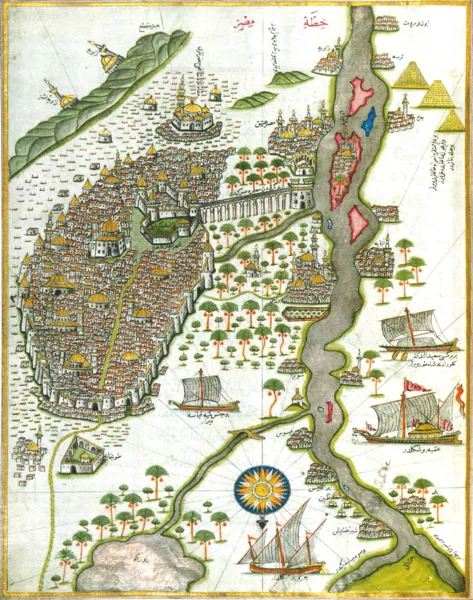1. One of the earliest maps of Cairo, made by Ottoman Admiral Piri Reis in the 16th century. https://commons.wikimedia.org/wiki/File:Piri_Ries_Cairo_Map.png  public domain.