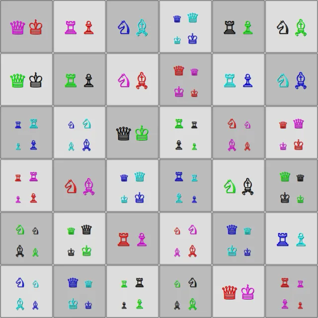 The solution to Euler's 36 officers puzzle presented by the team of scientists from Poland and India. The relative sizes of chess pieces denote the contribution of the corresponding quantum states. Credit: Alpodiopa, CC BY-SA 4.0, via Wikipedia