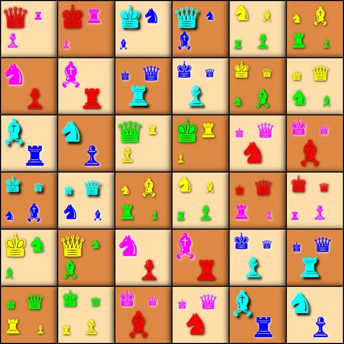 Quantum solution to Euler's problem presented on a 6 by 6 chessboard. Each field symbolizes the officer corresponding to the superposition of quantum states, and the size of each piece denotes its contribution to a given state. The colours determine the division of 36 officers into 9 groups, four officers each. Credit: Wojciech Bruzda