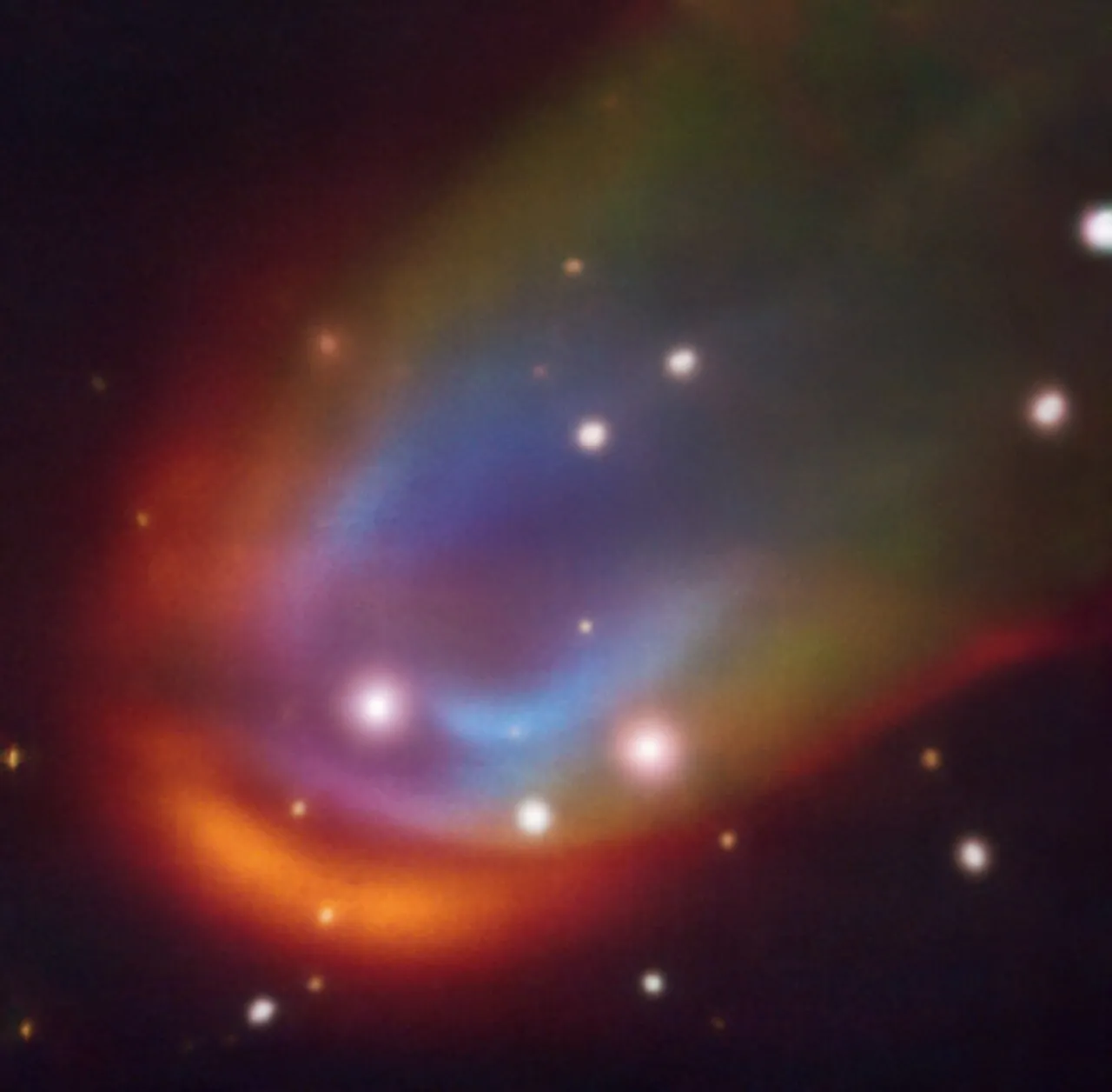 Image taken with the MUSE instrument on the Very Large Telescope (VLT) shows the bow-shaped shock wave around the white dwarf RXJ0528+2838. Credit: ESO/K. Iłkiewicz and S. Scaringi et al.