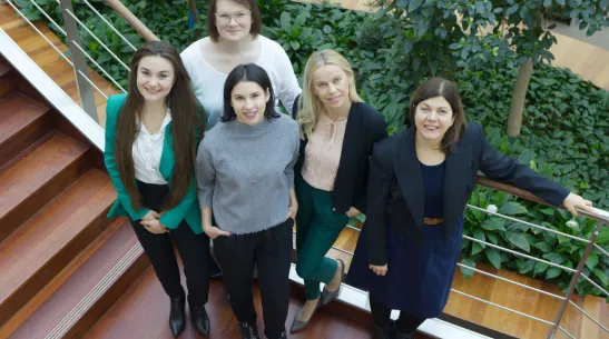 From left: Aleksandra Krajcer, Ewelina Grzywna, PhD, MD (back), Alicja Hinz, PhD (front), Joanna Lewandowska-Łańcucka, PhD, a professor at the Jagiellonian University, and Monika Bzowska, PhD, a professor at the Jagiellonian University. Credit: Beata Wyżga.