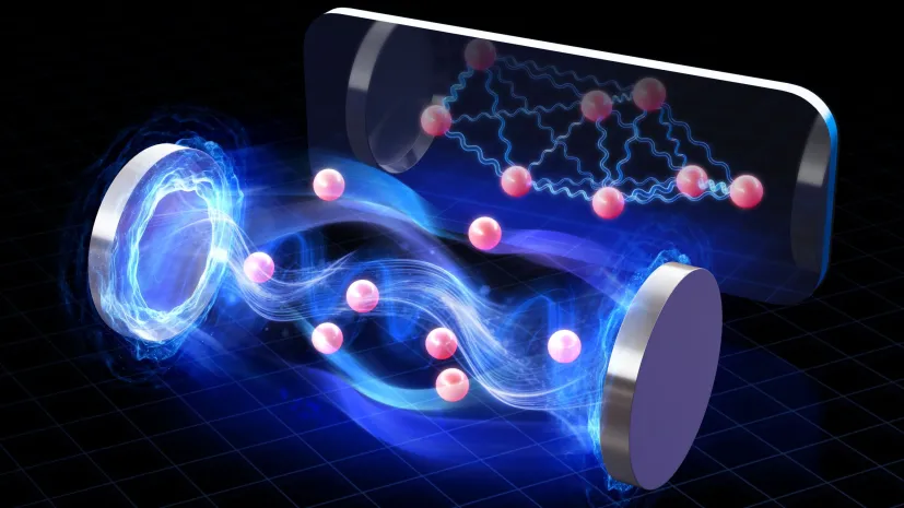 Visualisation of atoms placed in an optical cavity, interacting with each other as well as with the light mode. (Credit: Yao Wang @ Emory University)