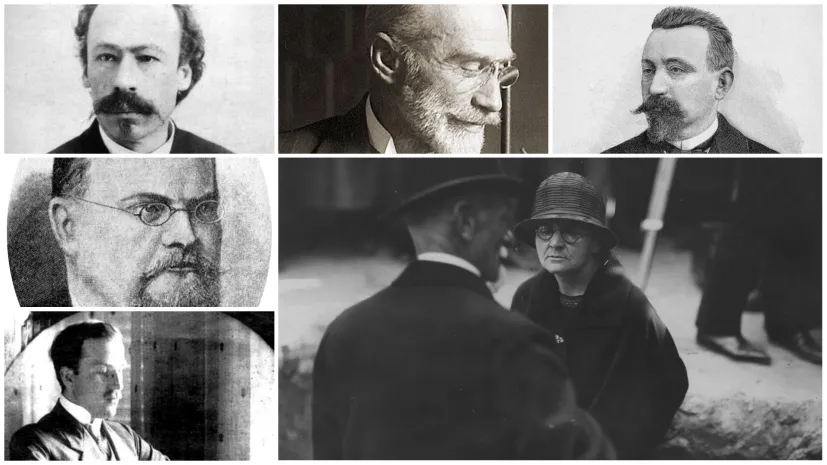Wybitni polscy chemicy: Górny rząd od lewej: Karol Olszewski, Leon Marchlewski i Marceli Nencki. Kolumna po lewej: Zygmunt Wróblewski (środek), Jan Czochralski (na dole). Duże zdjęcie: Maria Skłodowska-Curie. Spośród nich jedynie Karol Olszewski i Leon Marchlewski i Maria Skłodowska-Curie doczekali się nominacji do Nagrody Nobla. A Maria Skłodowska-Curie Nagrodę dwukrotnie otrzymała.  Źródło zdjęć: Wikipedia, NAC.